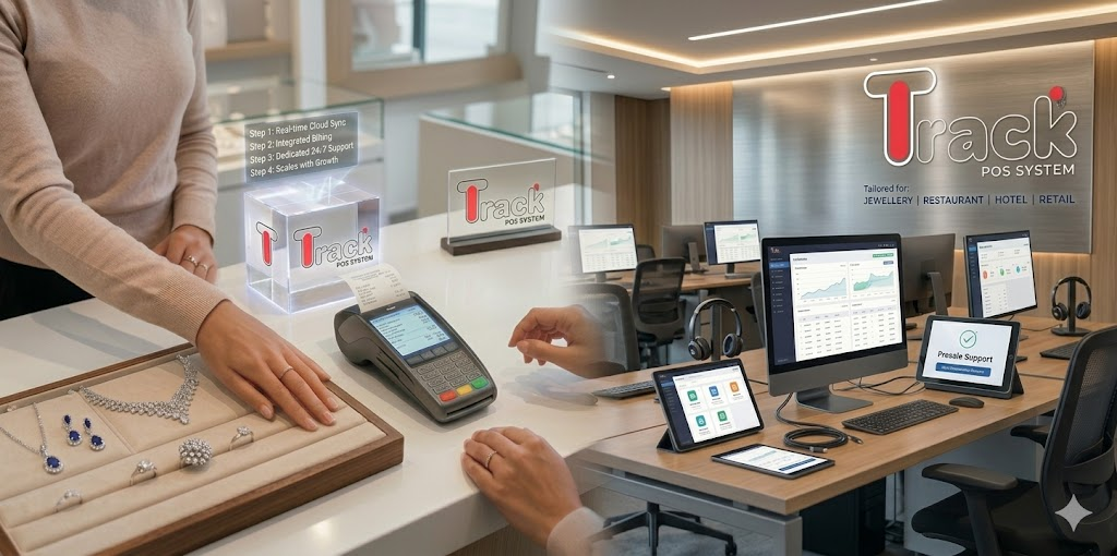 QubexTrack for jewellery, restaurant, hotel and retail — in-store billing and cloud analytics with dedicated support