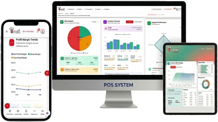 QubexTrack POS — desktop, mobile and tablet dashboards for billing, inventory and analytics